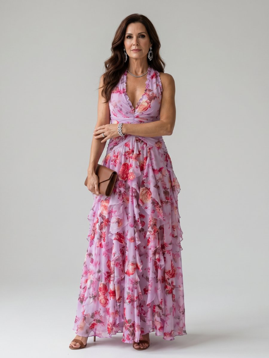 Women's Halter Neck Floral Chiffon Ruffle Maxi Party Dress