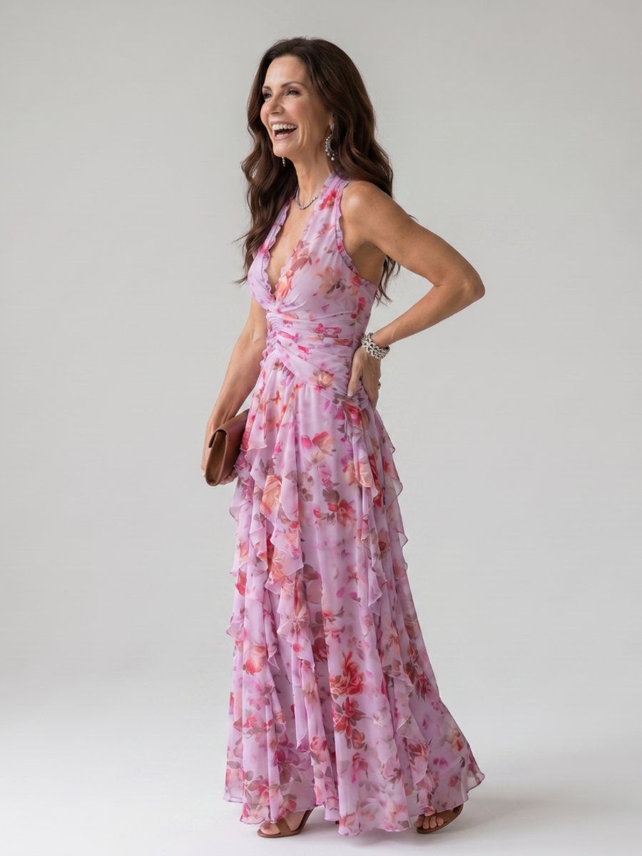 Women's Halter Neck Floral Chiffon Ruffle Maxi Party Dress