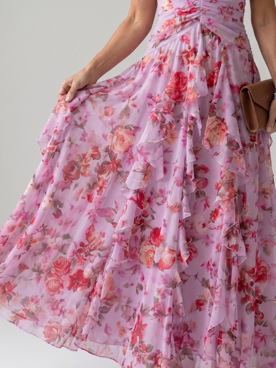 Women's Halter Neck Floral Chiffon Ruffle Maxi Party Dress