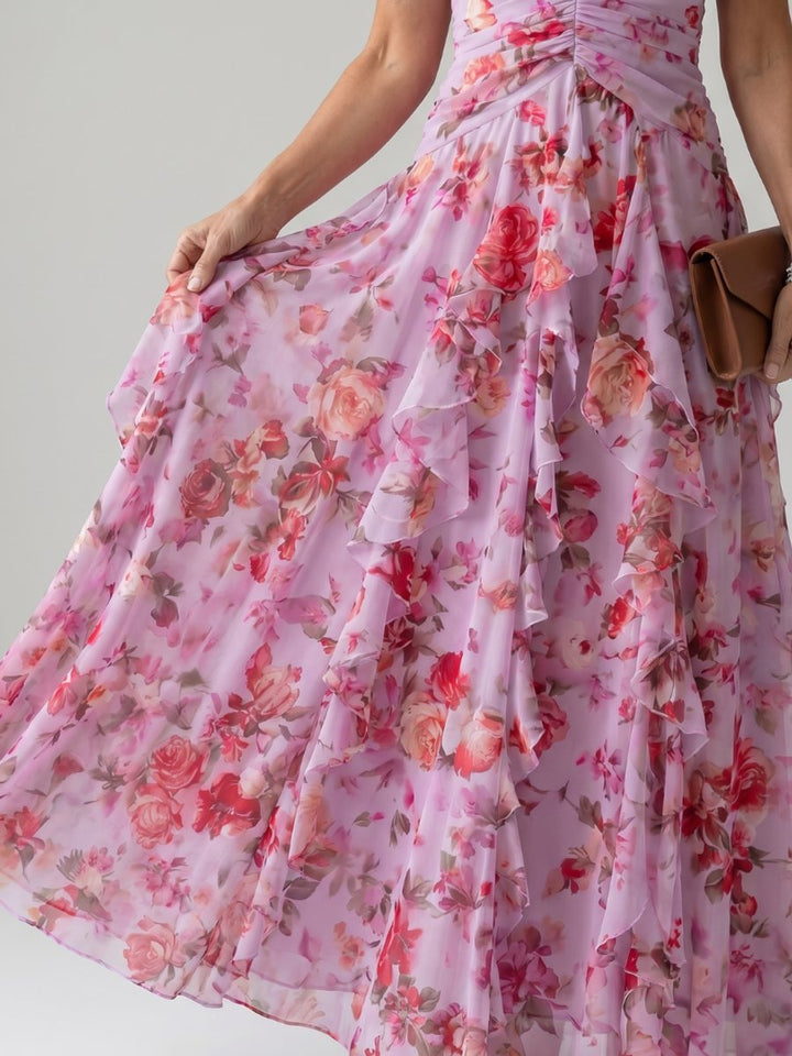Women's Halter Neck Floral Chiffon Ruffle Maxi Party Dress