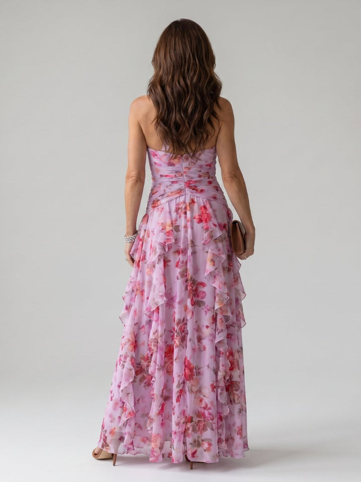 Women's Halter Neck Floral Chiffon Ruffle Maxi Party Dress