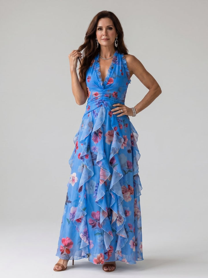 Women's Halter Neck Floral Chiffon Ruffle Maxi Party Dress