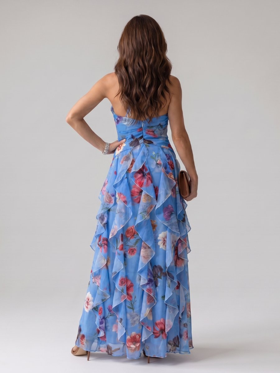 Women's Halter Neck Floral Chiffon Ruffle Maxi Party Dress
