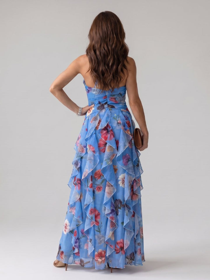 Women's Halter Neck Floral Chiffon Ruffle Maxi Party Dress
