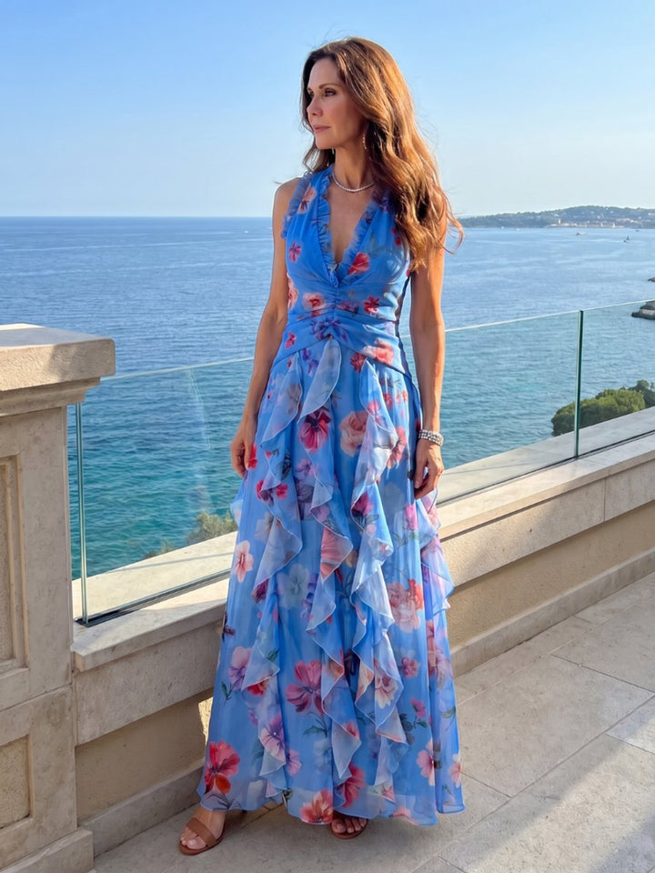 Women's Halter Neck Floral Chiffon Ruffle Maxi Party Dress
