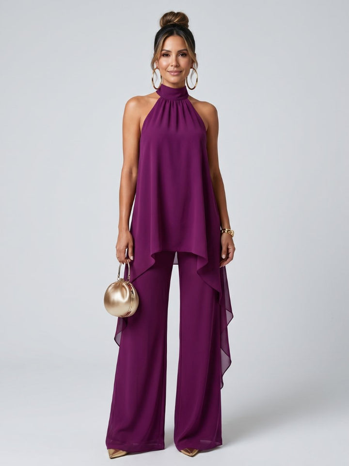Women's Halter Neck Flowy Wide-Leg Trouser Co-ord Party Dress Set