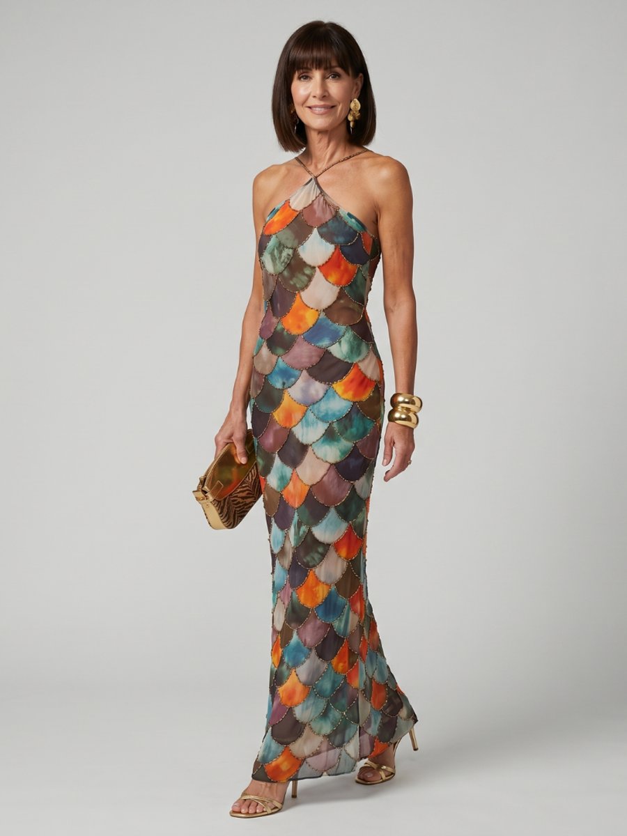 Women's Halter-Neck Scale Print Maxi Party Dress