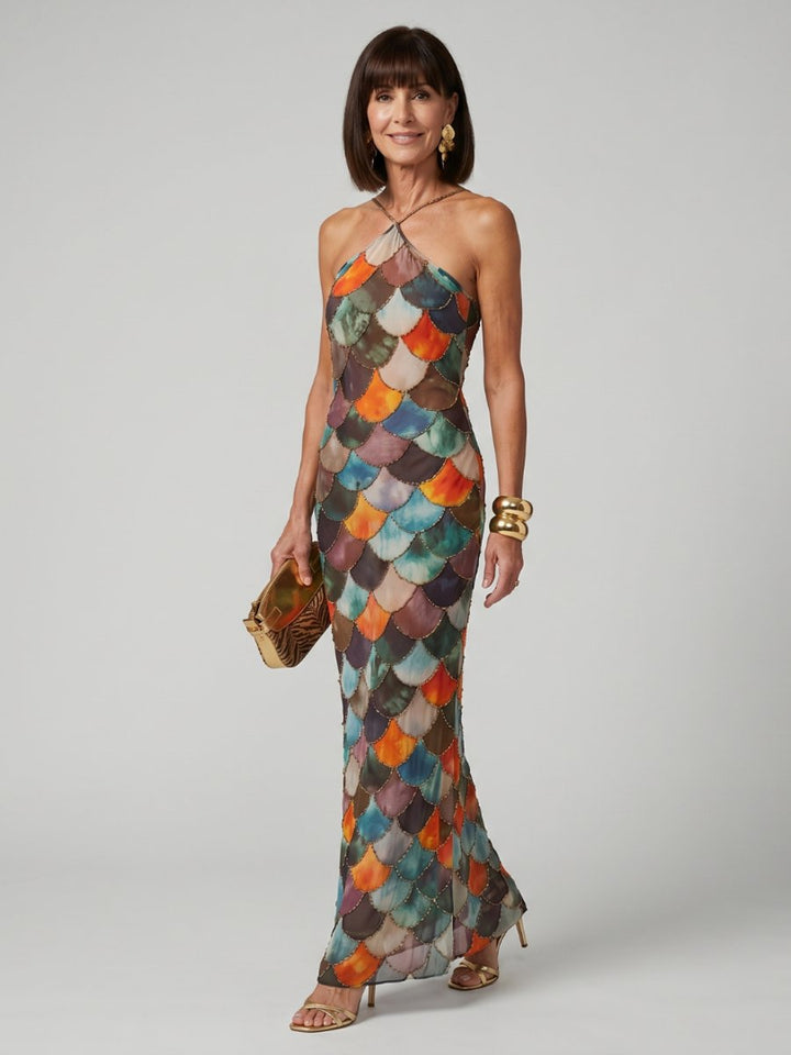 Women's Halter-Neck Scale Print Maxi Party Dress