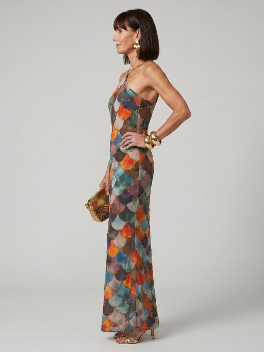 Women's Halter-Neck Scale Print Maxi Party Dress
