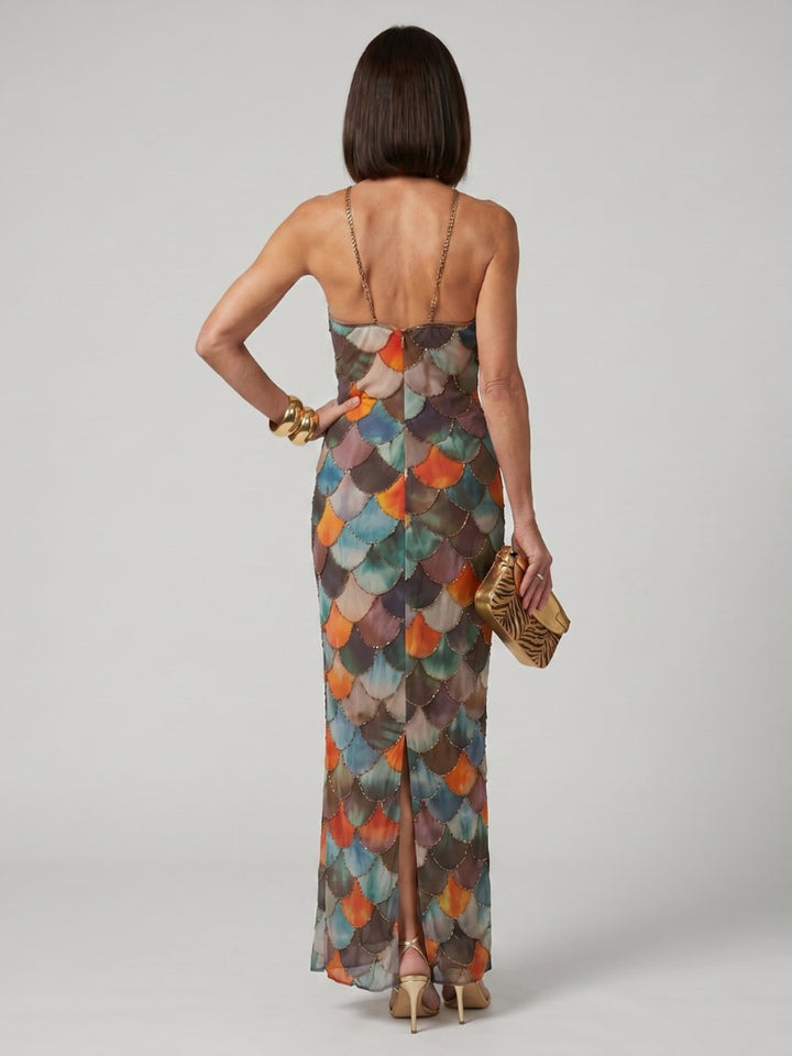 Women's Halter-Neck Scale Print Maxi Party Dress