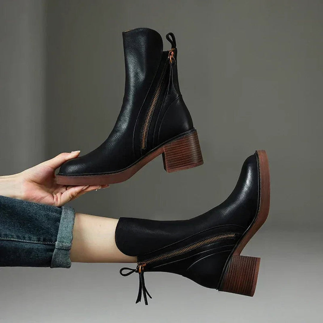 Women's Heeled Ankle Boots Block-Heel Side-Zip Leather-Look - Black