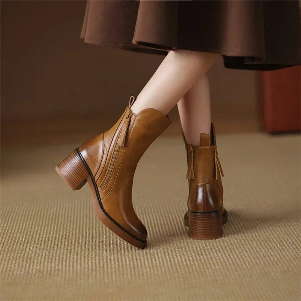 Women's Heeled Ankle Boots Block-Heel Side-Zip Leather-Look