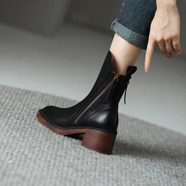 Women's Heeled Ankle Boots Block-Heel Side-Zip Leather-Look