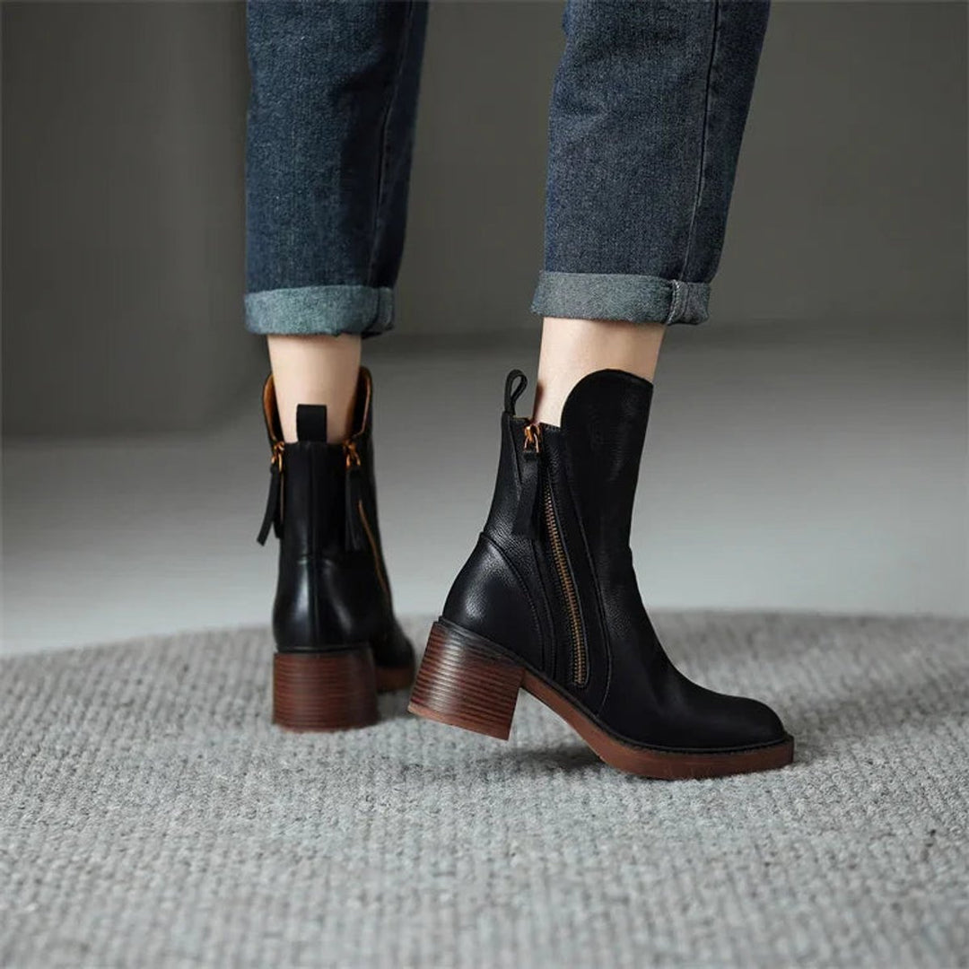 Women's Heeled Ankle Boots Block-Heel Side-Zip Leather-Look