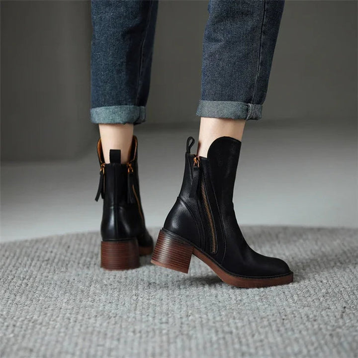 Women's Heeled Ankle Boots Block-Heel Side-Zip Leather-Look
