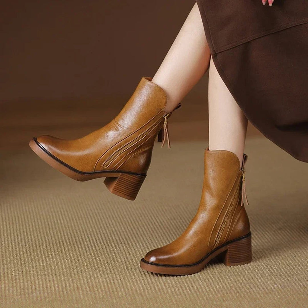 Women's Heeled Ankle Boots Block-Heel Side-Zip Leather-Look - Brown