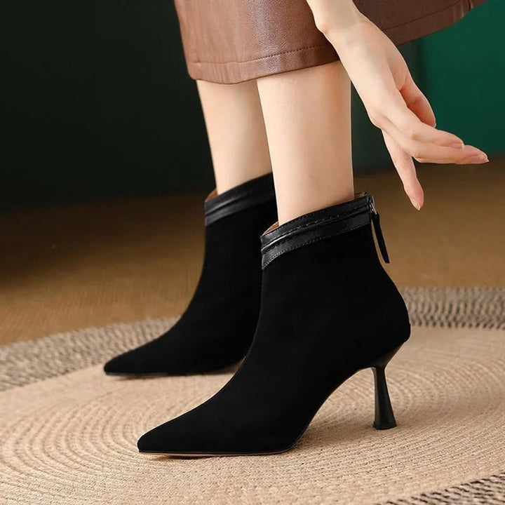 Women's Heeled Ankle Boots Stiletto Pointed-Toe Suede Zip-Up - Black