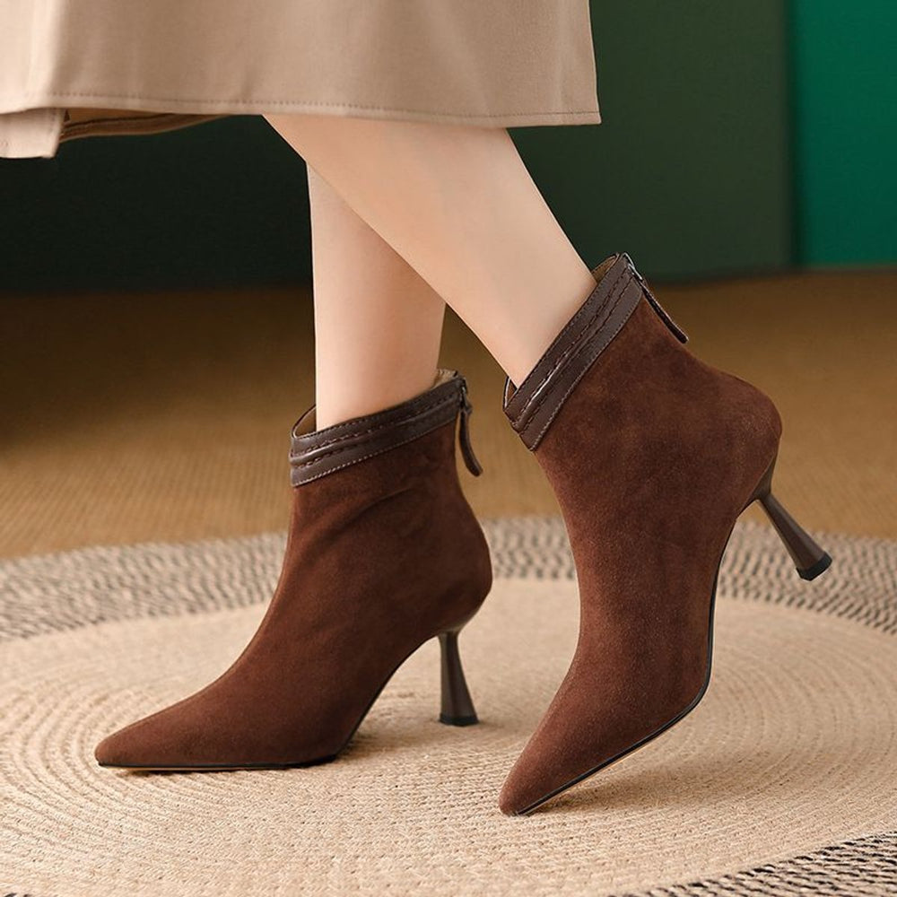 Women's Heeled Ankle Boots Stiletto Pointed-Toe Suede Zip-Up - Brown