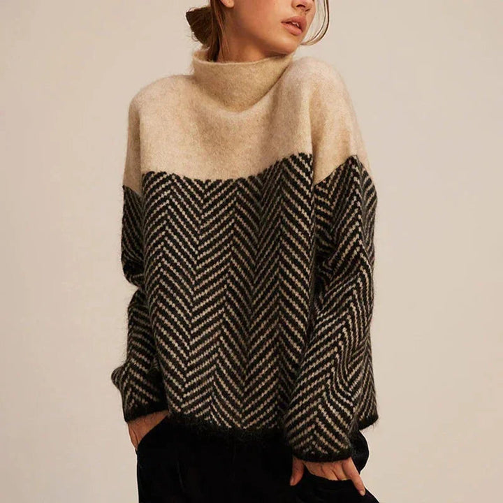 Women's Herringbone Roll Neck Knitted Jumper Turtleneck Pullover