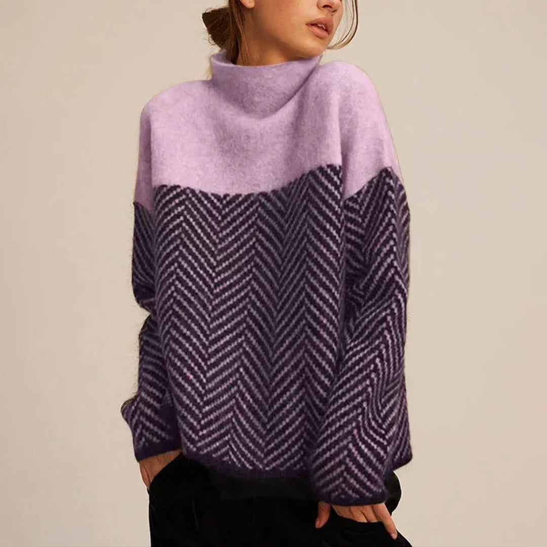 Women's Herringbone Roll Neck Knitted Jumper Turtleneck Pullover