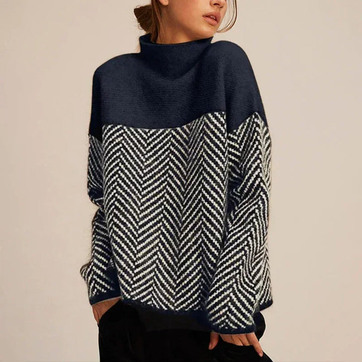 Women's Herringbone Roll Neck Knitted Jumper Turtleneck Pullover