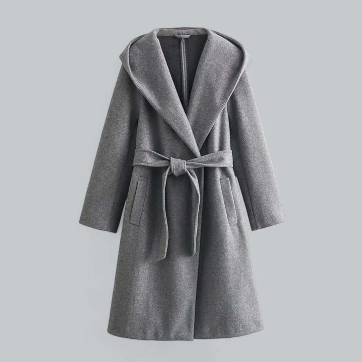 Women's Hooded Belted Long Wool Coat Trench Coat