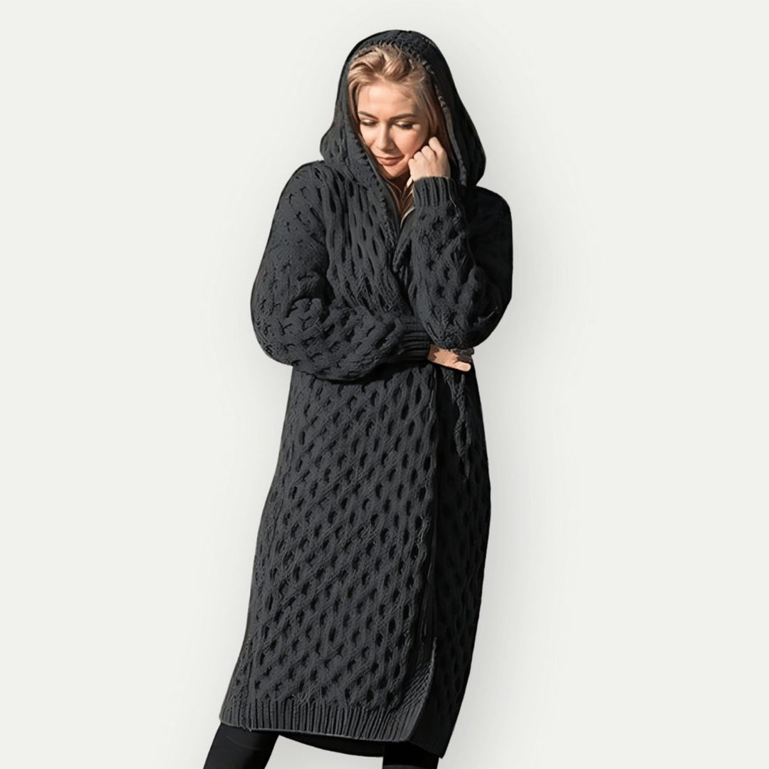 Women's Hooded Cable-Knit Longline Coat Oversized Wool-Look