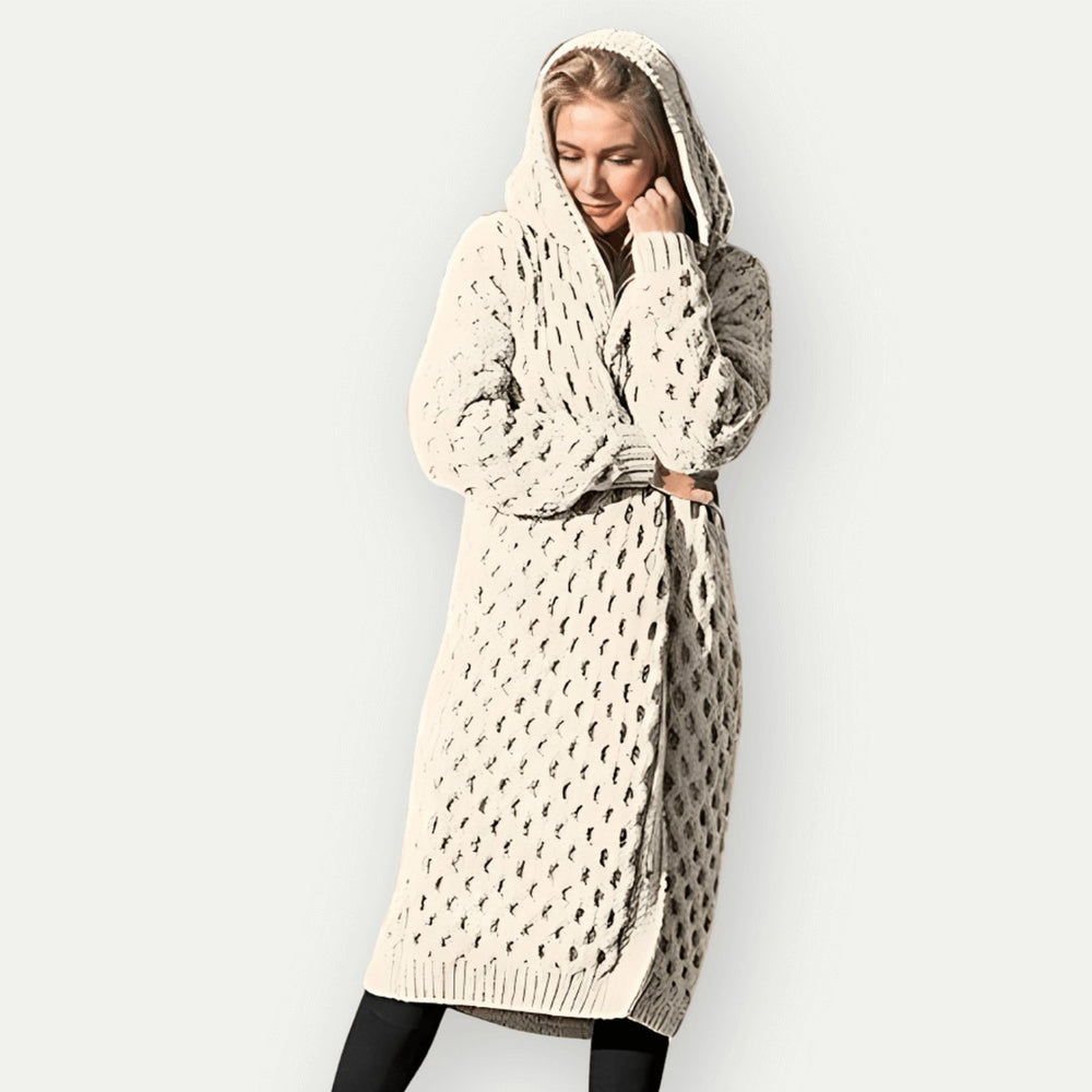 Women's Hooded Cable-Knit Longline Coat Oversized Wool-Look