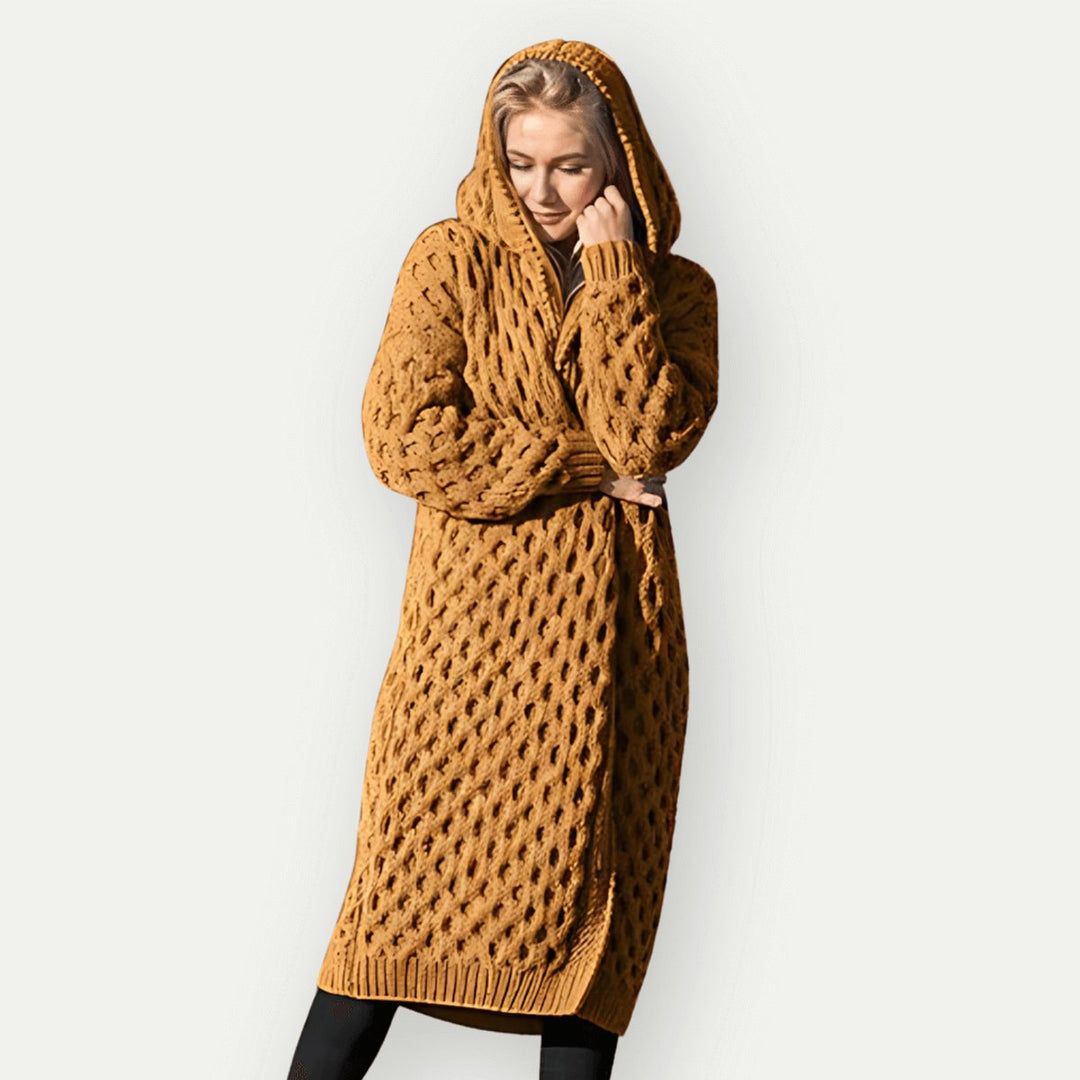 Women's Hooded Cable-Knit Longline Coat Oversized Wool-Look