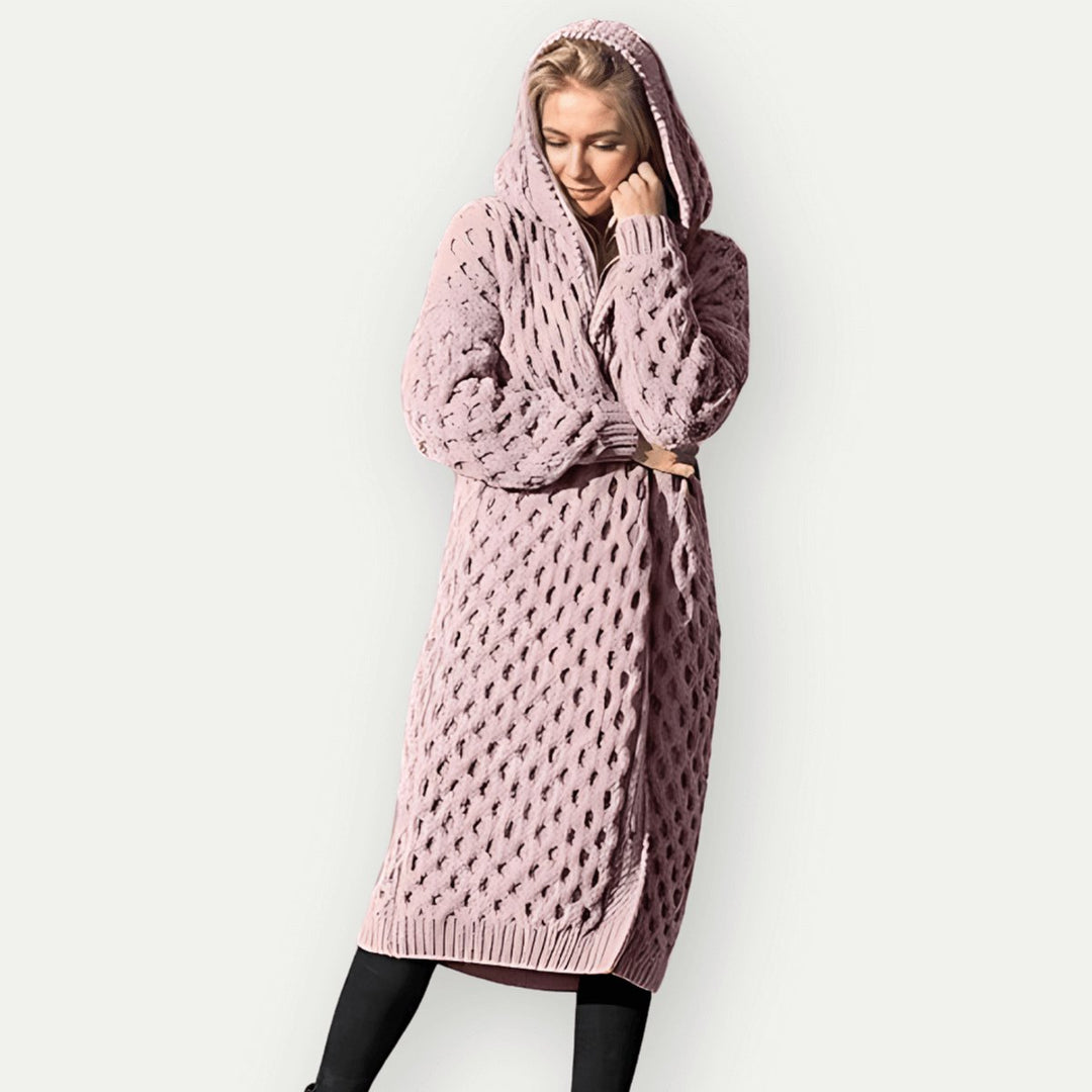 Women's Hooded Cable-Knit Longline Coat Oversized Wool-Look