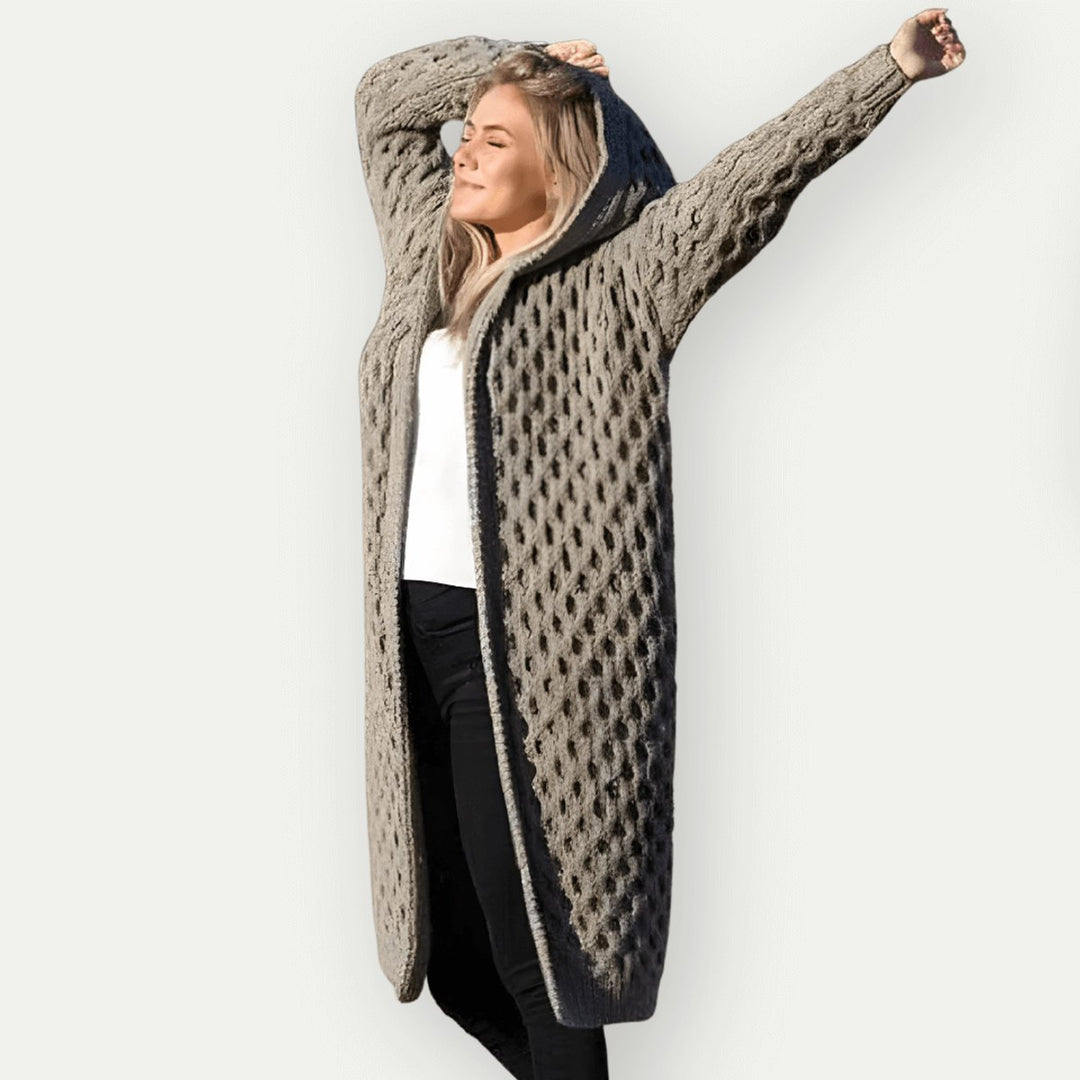 Women's Hooded Cable-Knit Longline Coat Oversized Wool-Look