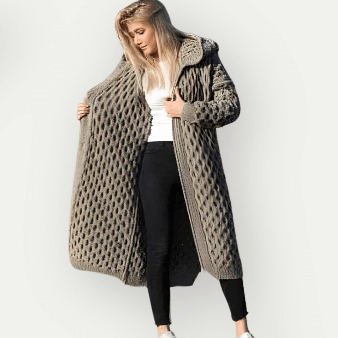 Women's Hooded Cable-Knit Longline Coat Oversized Wool-Look