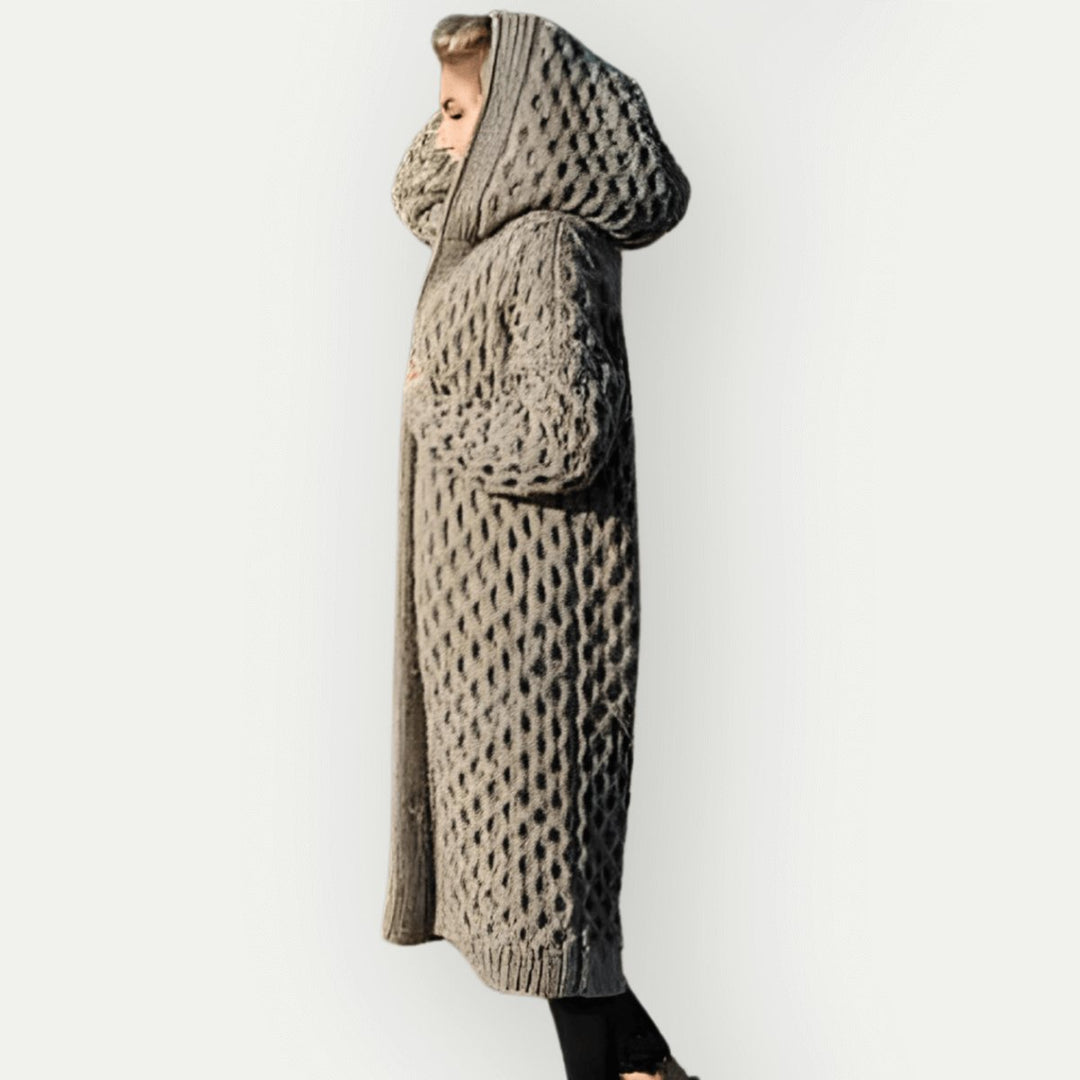Women's Hooded Cable-Knit Longline Coat Oversized Wool-Look