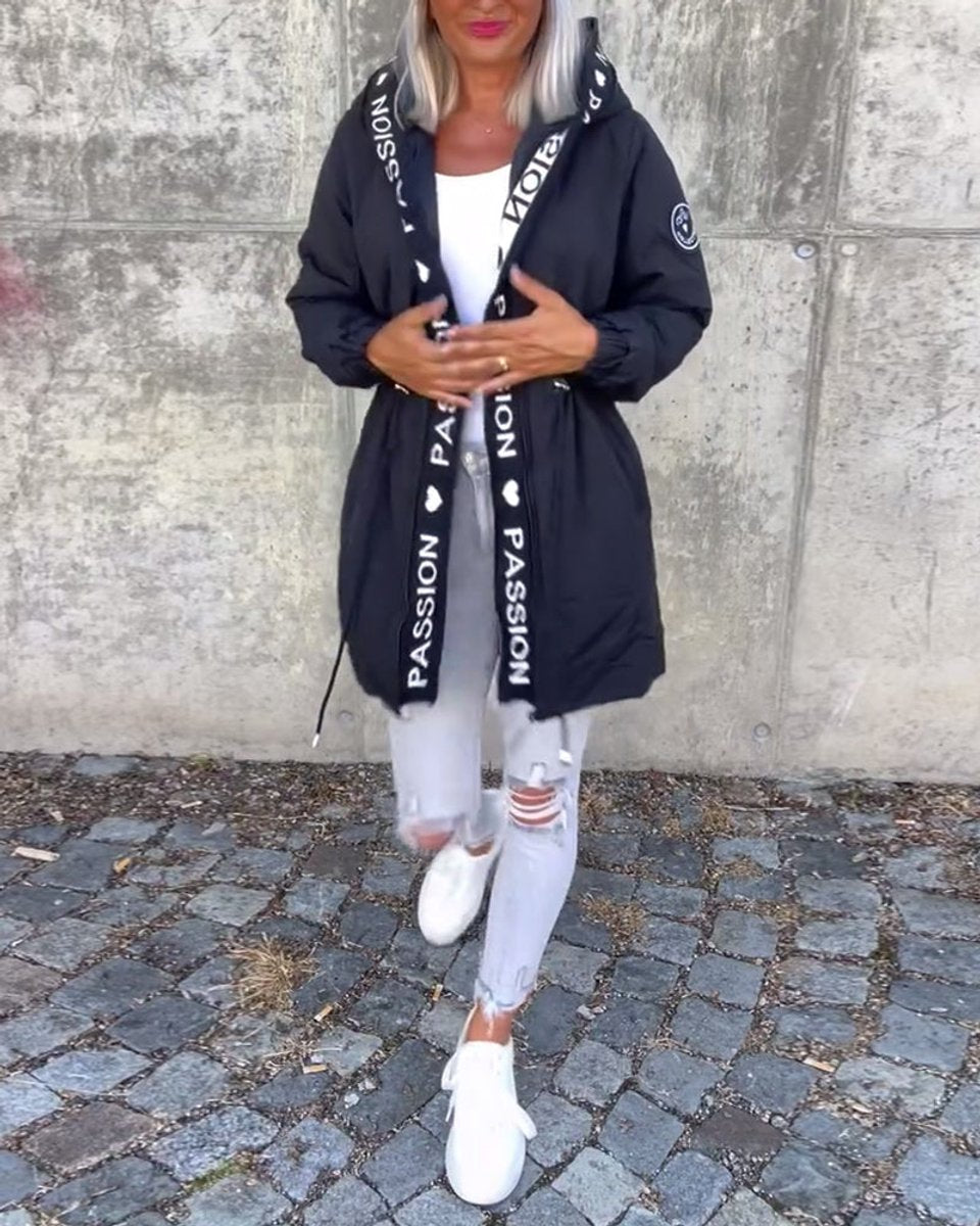 Women's Hooded Drawstring Midi Coat Casual Relaxed-Fit Jacket
