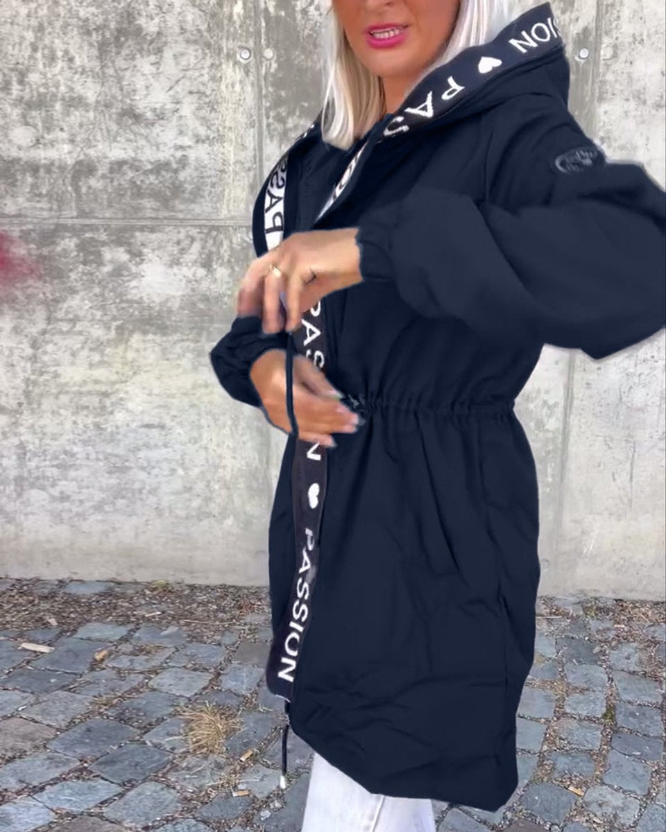 Women's Hooded Drawstring Midi Coat Casual Relaxed-Fit Jacket