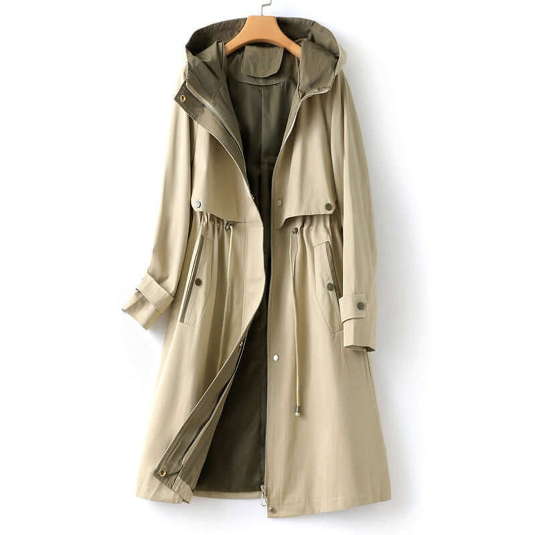 Women's Hooded Drawstring-Waist Longline Trench Coat