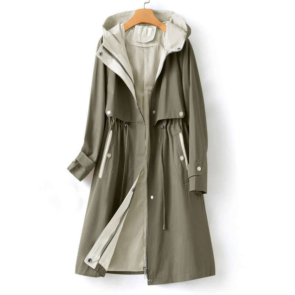 Women's Hooded Drawstring-Waist Longline Trench Coat