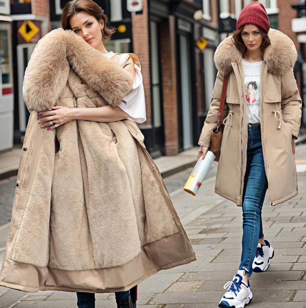 Women's Hooded Faux-Fur Trim Waterproof Puffer Coat Ladies Winter Parka