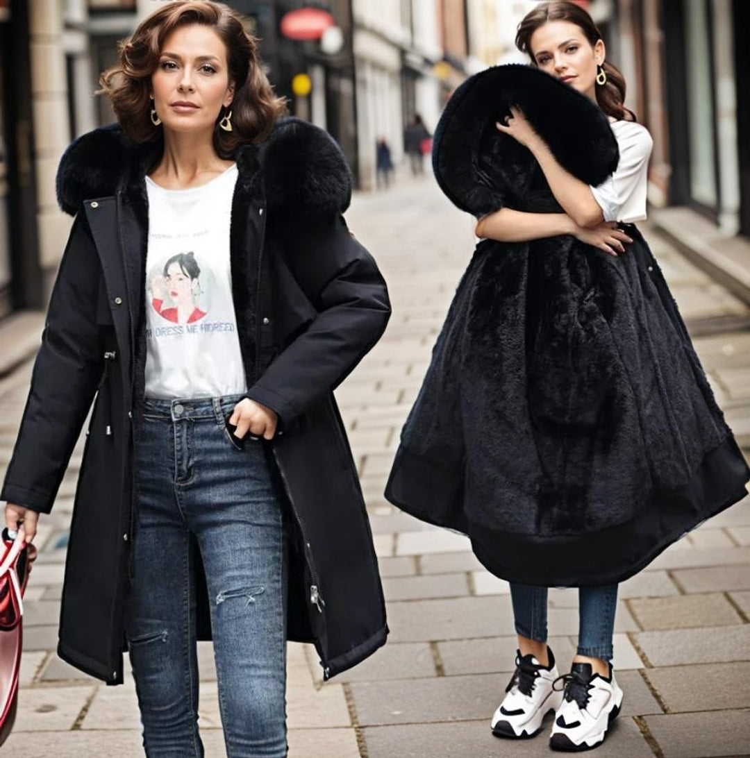 Women's Hooded Faux-Fur Trim Waterproof Puffer Coat Ladies Winter Parka