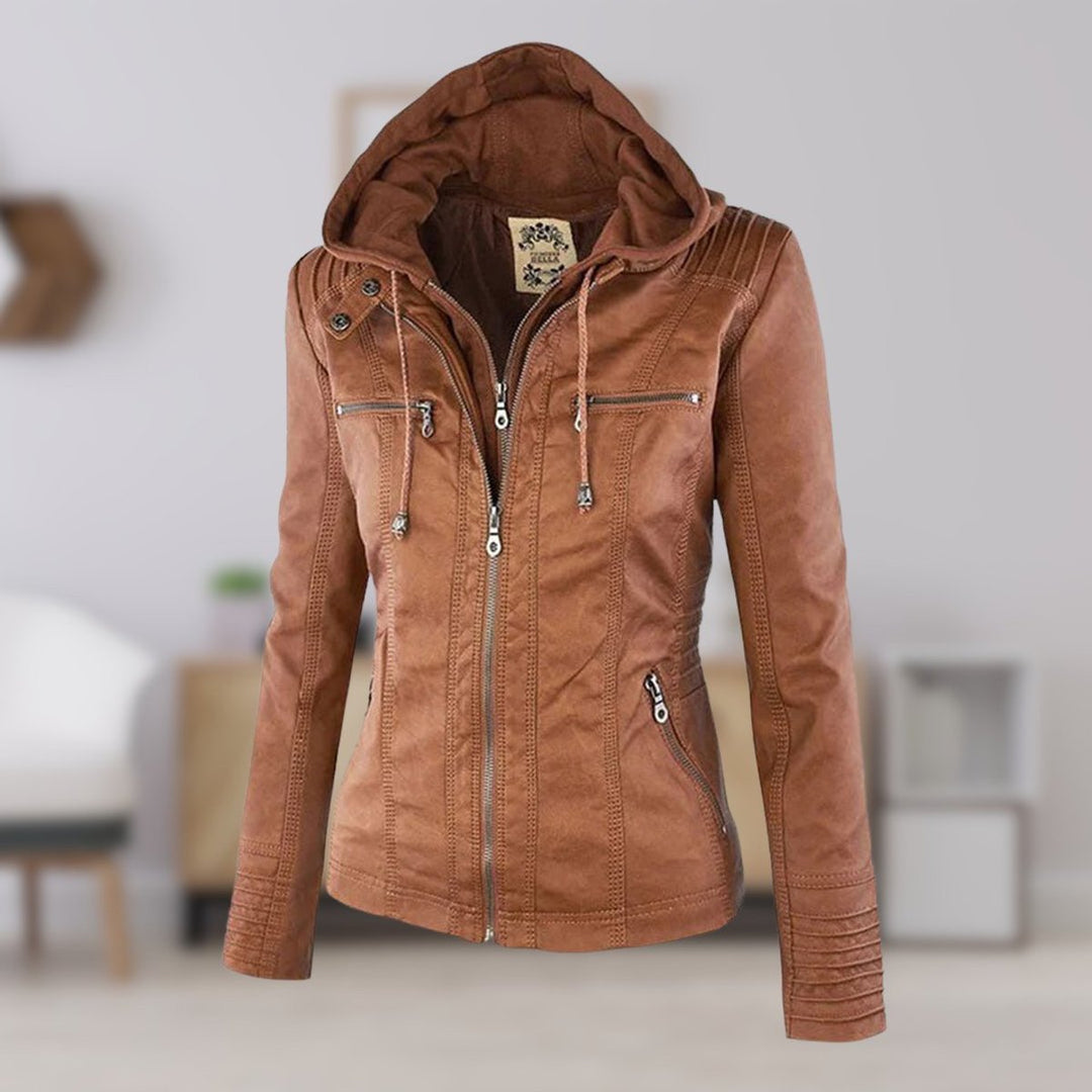 Women's Hooded Faux Leather Removable Hood Biker Coat