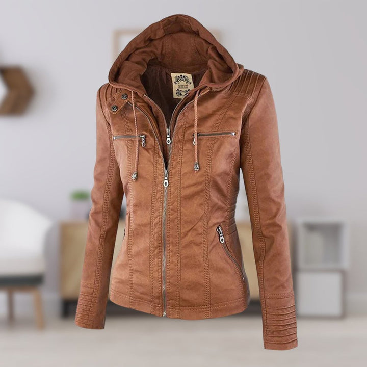 Women's Hooded Faux Leather Removable Hood Biker Coat