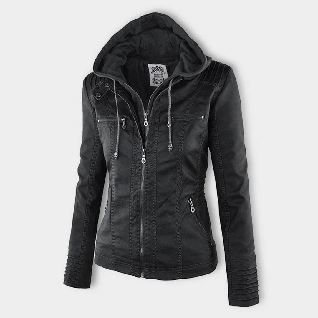 Women's Hooded Faux Leather Removable Hood Biker Coat