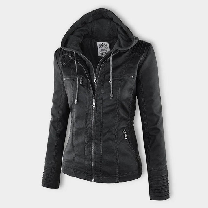 Women's Hooded Faux Leather Removable Hood Biker Coat