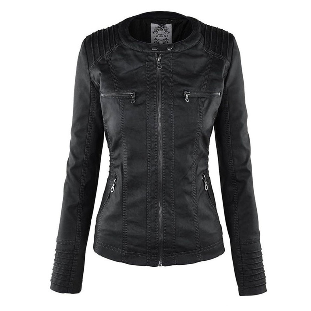 Women's Hooded Faux Leather Removable Hood Biker Coat