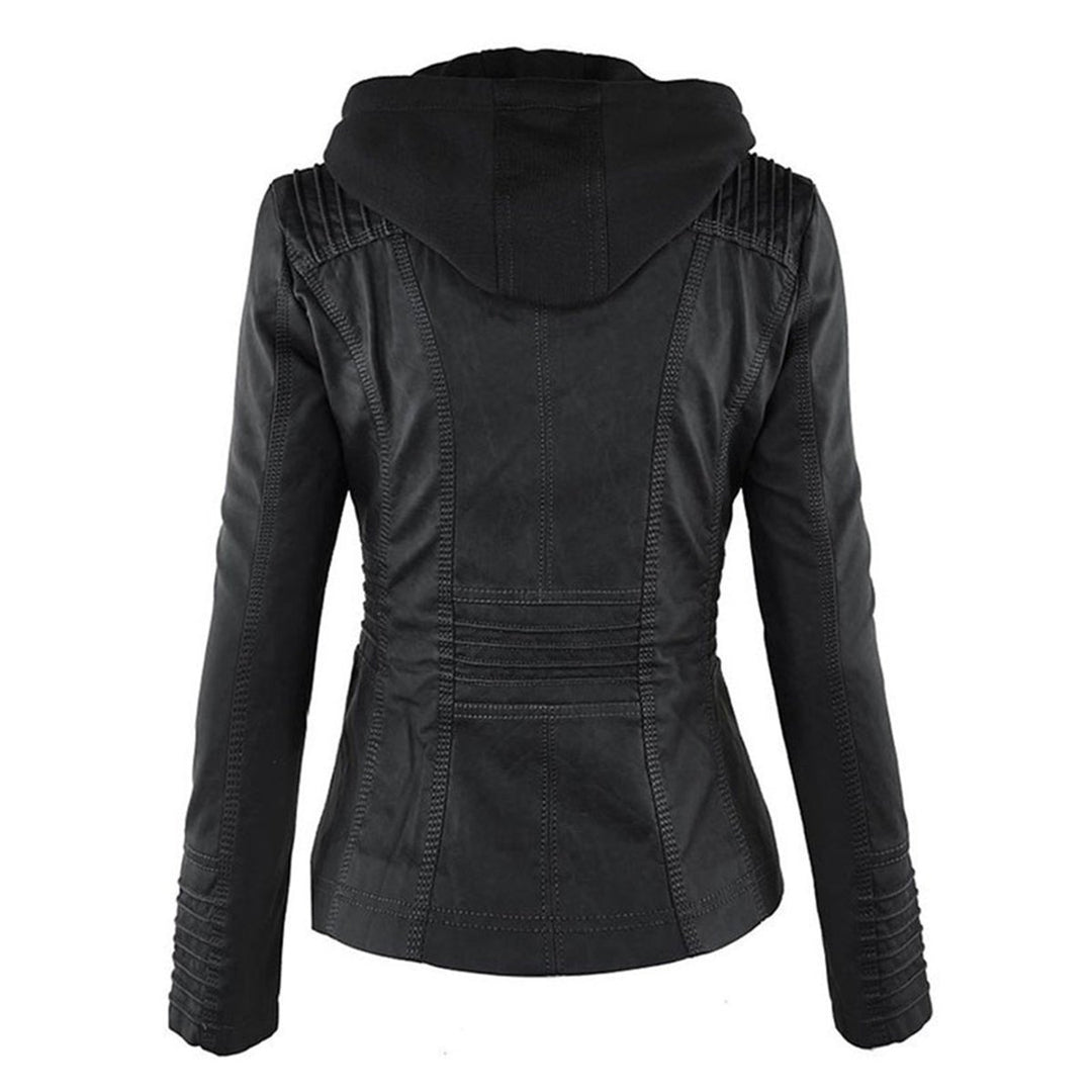 Women's Hooded Faux Leather Removable Hood Biker Coat