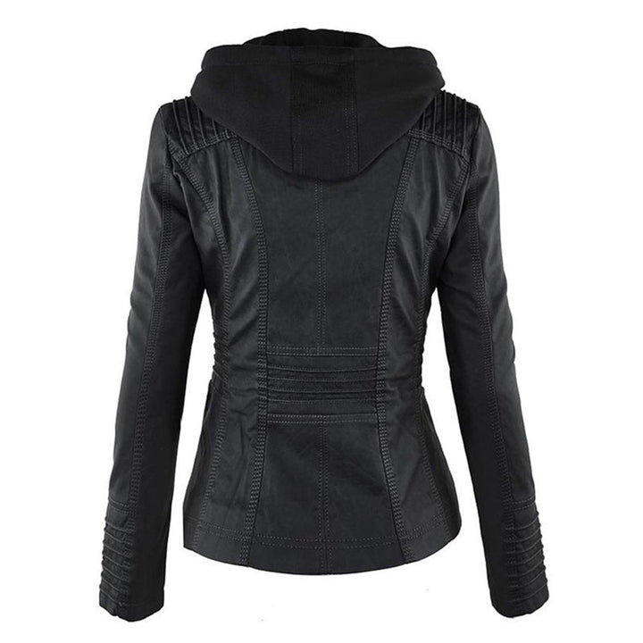 Women's Hooded Faux Leather Removable Hood Biker Coat