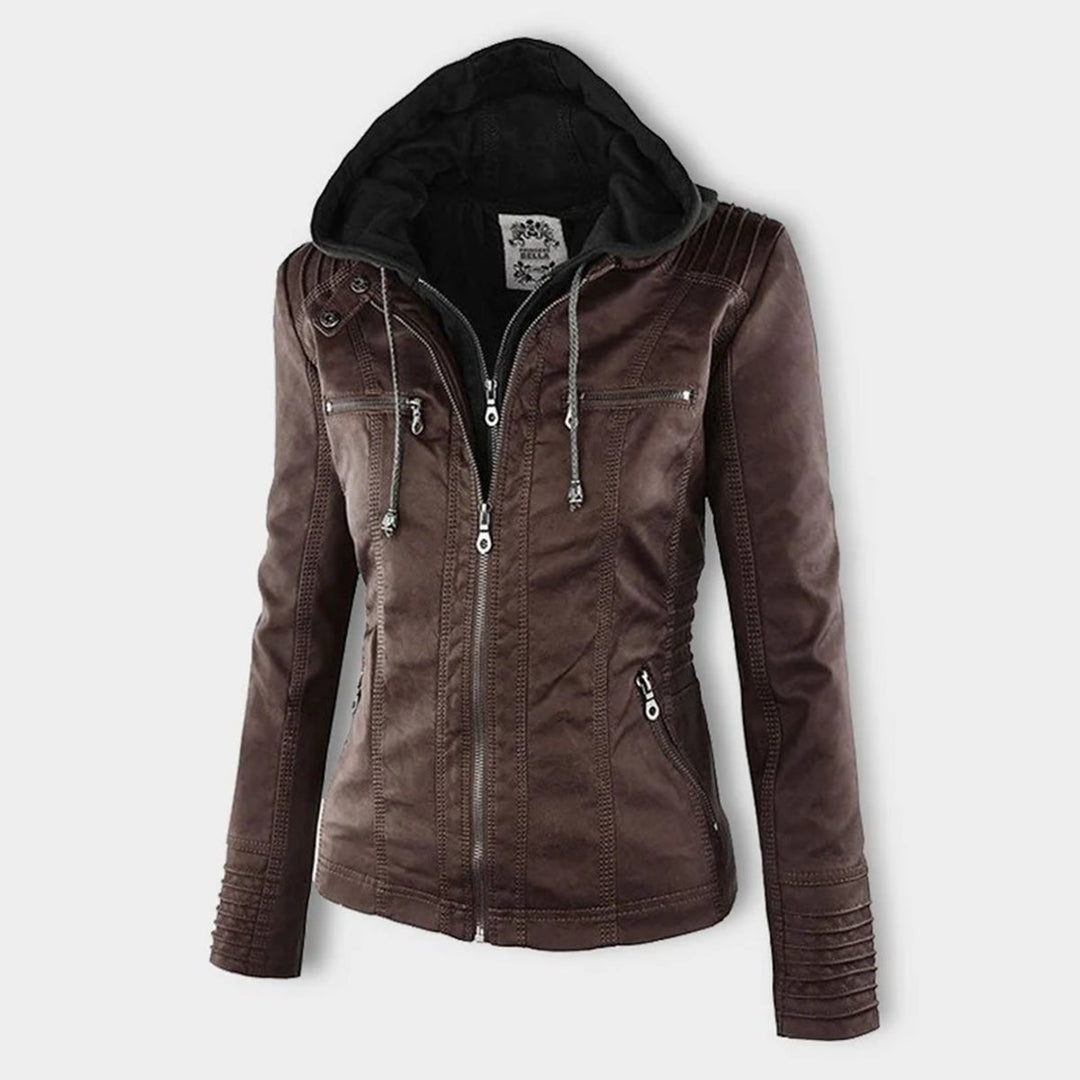 Women's Hooded Faux Leather Removable Hood Biker Coat