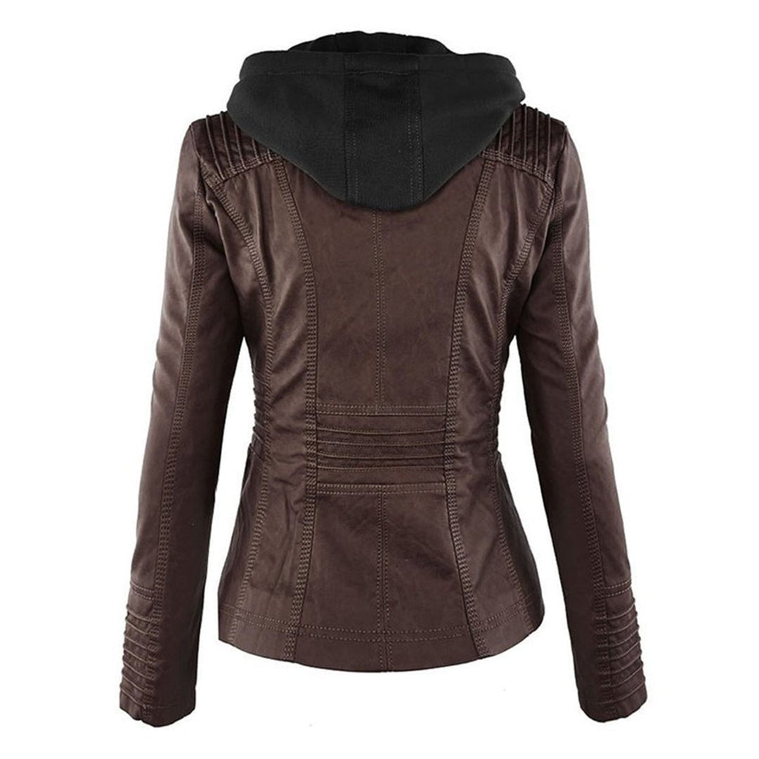 Women's Hooded Faux Leather Removable Hood Biker Coat