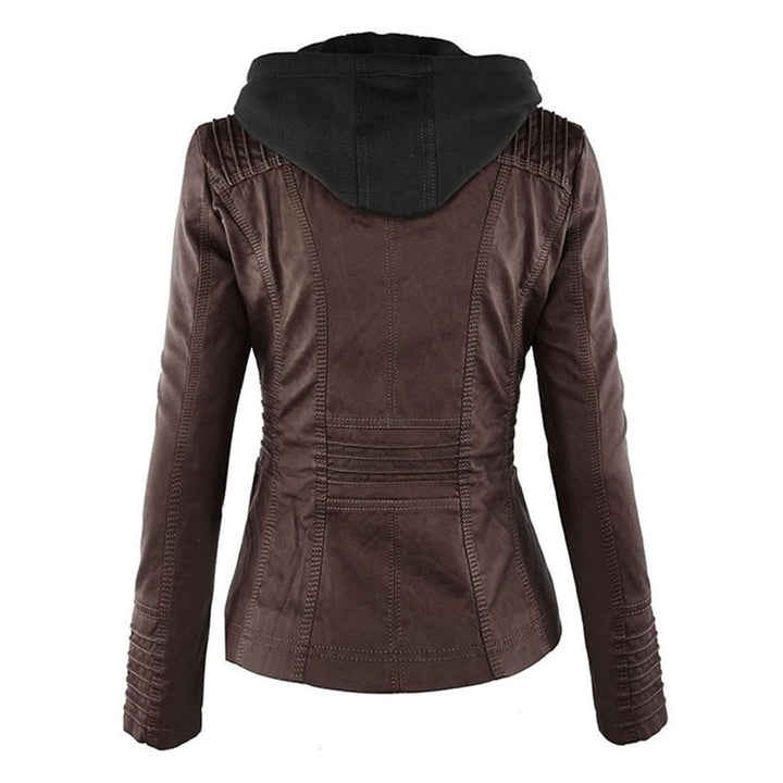 Women's Hooded Faux Leather Removable Hood Biker Coat