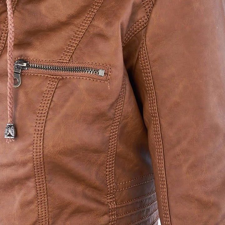Women's Hooded Faux Leather Removable Hood Biker Coat